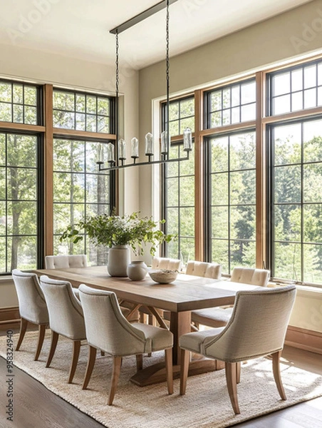 Fototapeta Mid century Modern Interior in a residential dining room with a dining table and chair. Generative AI
