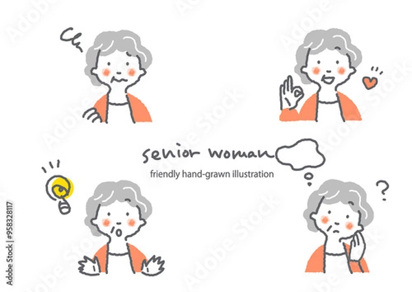 Fototapeta シニア女性の表情セット　シンプルでお洒落な人物イラスト　