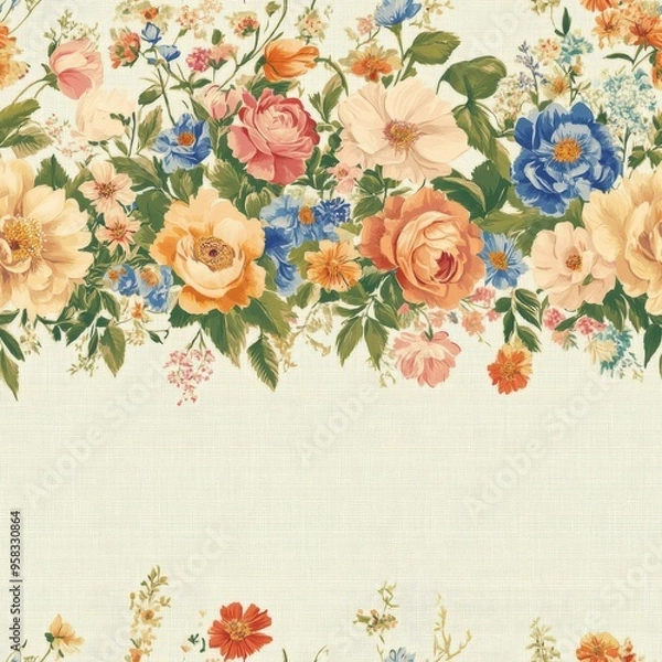 Fototapeta Vintage tapestry vintage floral garland border on vintage beige fabric background, seamless repeating pattern, textile print style, minimal, tapestry design, seamless vintage floral garland border, 