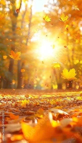 Fototapeta Golden Autumn. Path Covered by Fallen Leaves in Sunny Forest. Low Angle View, Natural Background