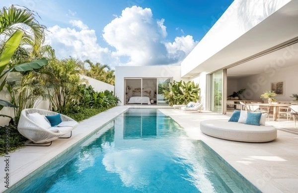 Fototapeta White modern villa with a pool and tropical plants. The modern home interior design features a garden or courtyard. Created with Ai