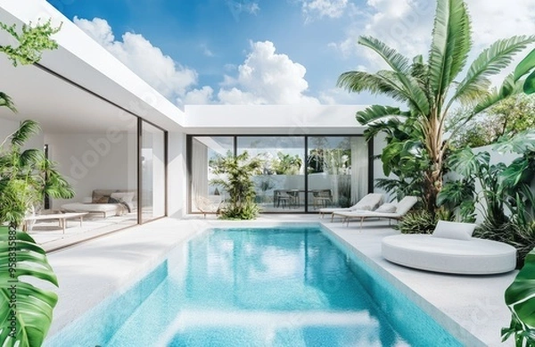 Fototapeta A modern, minimalist villa with a pool and tropical plants. The villa features white concrete, a blue sky, lush greenery, and abundant sunlight.  Created with Ai