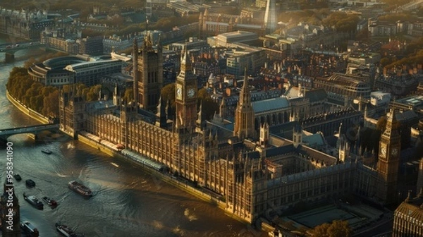 Fototapeta Marvel at the intricate design of the Palace of Westminster from an aerial perspective.