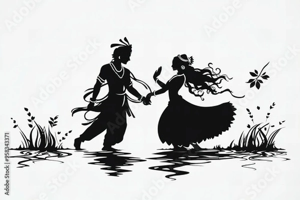 Obraz Romantic silhouette of Krishna and Radha dancing and embracing , symbolizing divine love and harmony, new beautiful stock image illustration AI