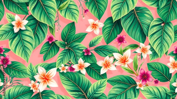 Fototapeta Tropical seamless pattern with frangipani flowers and leaves on pink background