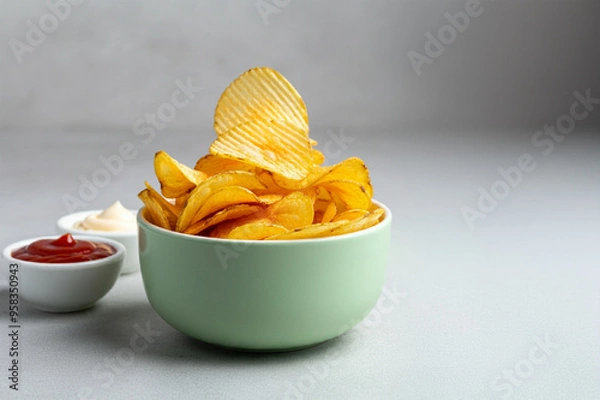 Fototapeta on a white background, potato chips filled in a light green bowl and a pile of ketchup and mayonnaise in small bowls next to the bowl
