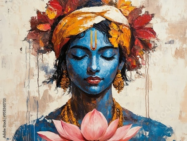 Obraz Artistic portrait of Krishna with vibrant lotus flowers, detailed close-up of divine expressions and spiritual symbolism, new beautiful stock image illustration AI