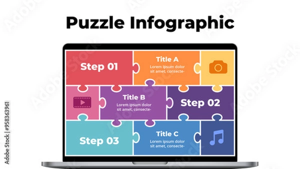 Fototapeta Laptop puzzle infographic, can be used for presentation, workflow layout, diagram, annual report, web design.
