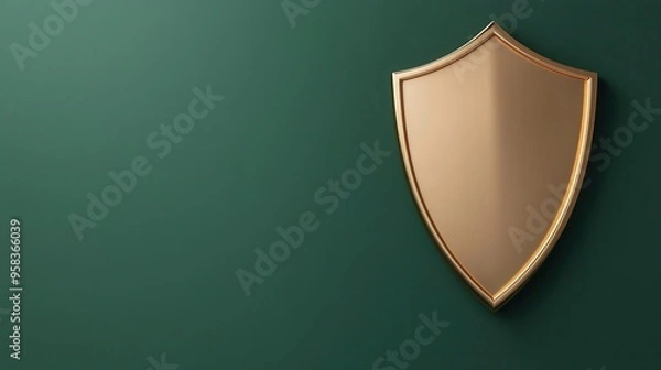 Fototapeta Shiny metallic shield with a crest, 3d render illustration, isolated on dark green background, symbolizing security and protection in a modern world.