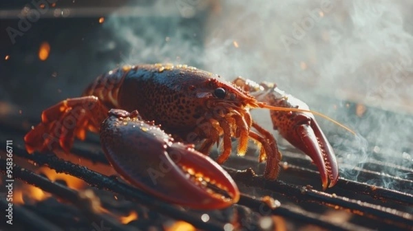 Fototapeta A lobster on a grill with smoke coming out of it