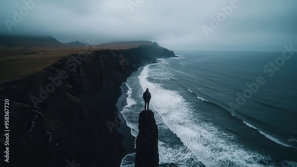 Obraz A solitary figure stands on a cliff overlooking a dramatic coastline, with waves crashing against the rocks under a cloudy sky.