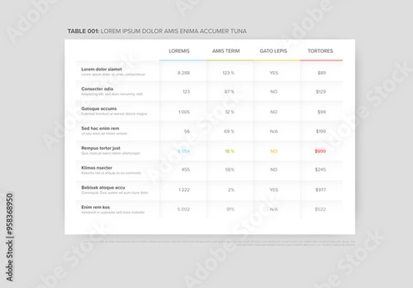 Fototapeta Simple flat color data table layout templatewith light shadows