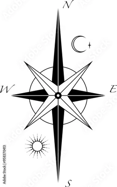 Fototapeta Flat compass icon. Vector illustration. Navigation icon. North, South, West, East. Compass arrows. Web illustration. Vector sun and moon. Icon and vector background, backdrop.