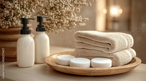 Fototapeta Handmade soap bars and a bottle of liquid soap lying next to white towels on a bathroom background, evoking a feeling of relaxation and freshness.
