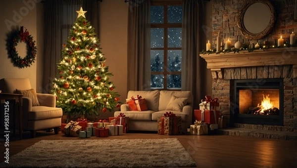 Fototapeta Christmas Tree with Decorations Near a Fireplace with Lights