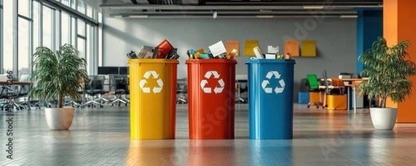 Obraz Three recycling bins, yellow, red, blue, in modern office setting.