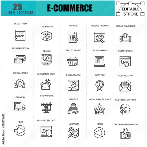 Fototapeta Thin Line Online Shopping and E-Commerce Icons Set for Website, Mobile Site, and Apps. Includes Icons like Online Payment, Support. 48x48 Pixel Perfect, Editable Stroke. Vector Illustration.