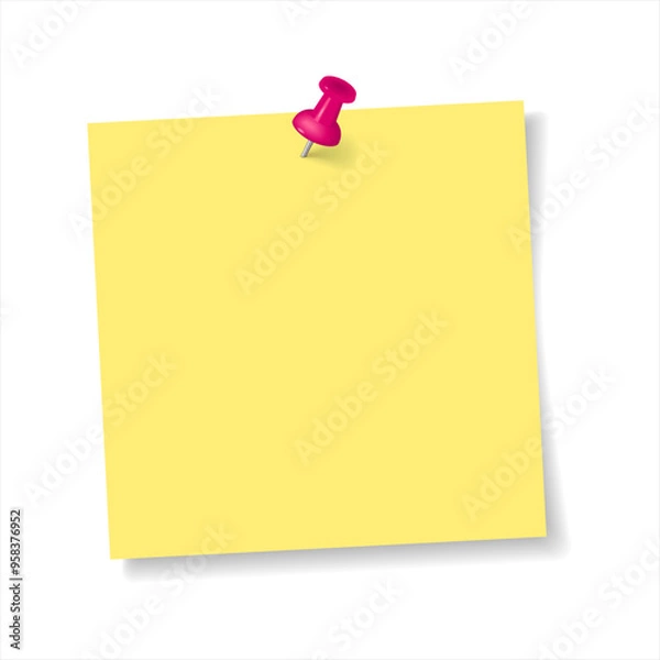 Obraz Realistic pushpin with yellow paper for your text. Thumbtack with note memo. Color notepaper with pin tack for reminder in school, office and home. Note with paper clip, isolated on white background.