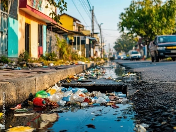 Obraz A street drain clogged with plastic garbage, solid urban setting background, ample copy space for text, urban waste management and pollution prevention concept