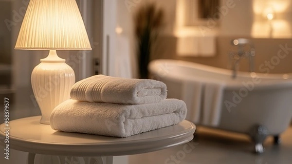 Fototapeta Elegant Bathroom Interior with White Towels, Porcelain Lamp, and Soft Mood Lighting. Vintage-chic Style and Pastel Accents in High-definition Product Photography.