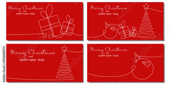 Fototapeta Vector set of continuous line greeting cards of new year and xmas tree, ball, gift box. Merry Christmas concept