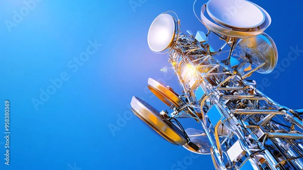 Fototapeta close-up of the top of a communications tower, capturing the antennas and radio equipment against a clear blue sky