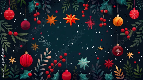 Obraz Festive Christmas Ornaments and Holly on Dark Background.