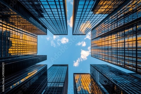 Fototapeta Looking Up modern high-rise office buildings with blue sky in the background , ai