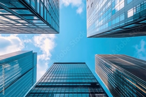 Fototapeta Looking Up modern high-rise office buildings with blue sky in the background , ai