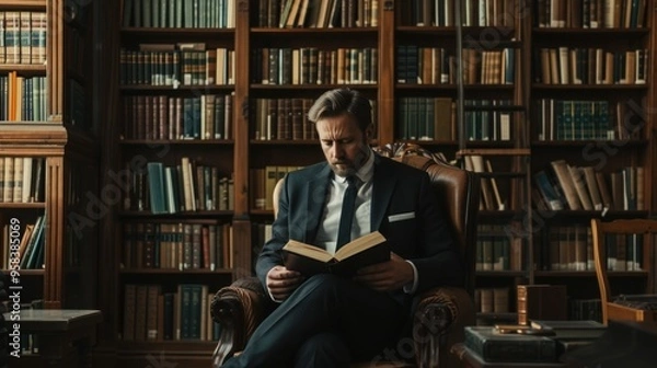 Fototapeta Respectable man in the old library. Classic vintage interior.