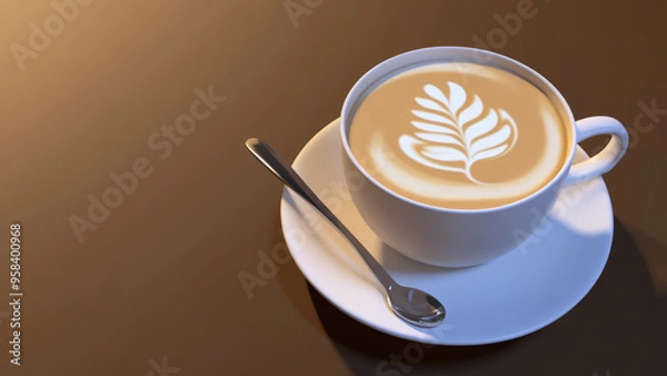 Fototapeta Latte art in a white cup with a floral design served on a minimalist background