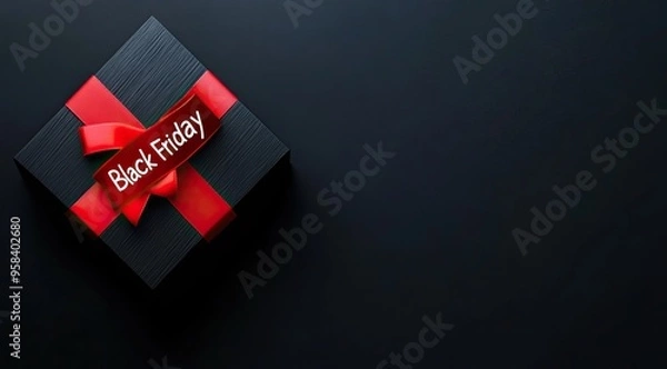 Fototapeta Black gift box with a red ribbon featuring the text Black Friday, AI generated image. Shopping