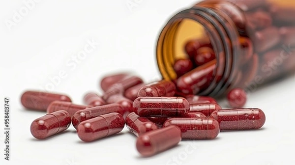 Fototapeta Red Capsules Spilled From a Brown Bottle