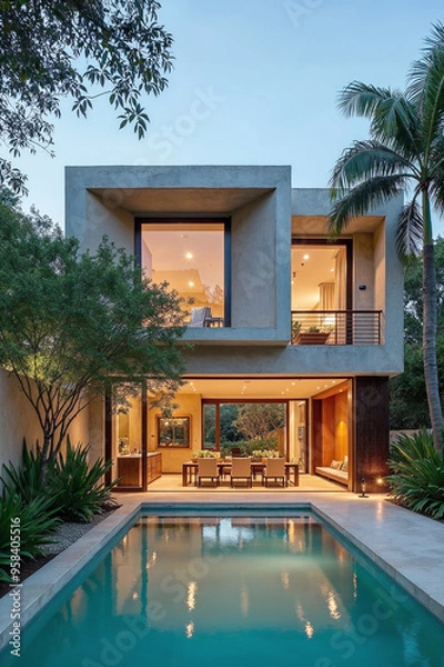 Fototapeta A modern minimalist house in Mexico with a pool and lots of plants and trees near the home. Outdoor dining area with a boho style vibe.