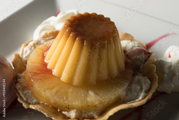 Obraz Postre Pijama con flan, piña y helado de fresa sobre plato blanco