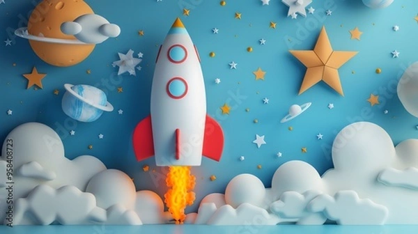 Fototapeta A cartoon rocket ship taking off from behind clouds into space.