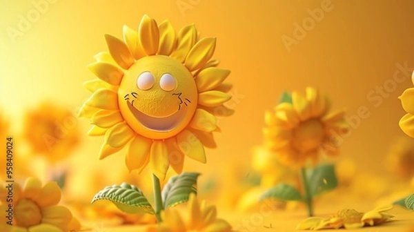 Fototapeta A cartoon sunflower with a smiling face on an orange background.