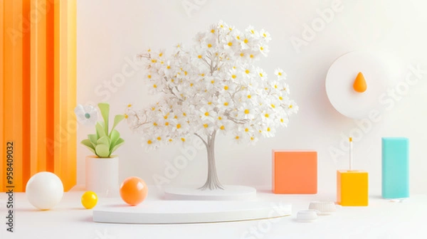 Fototapeta 3D rendering. Pink pastel podium with geometric shapes and pink flowers.