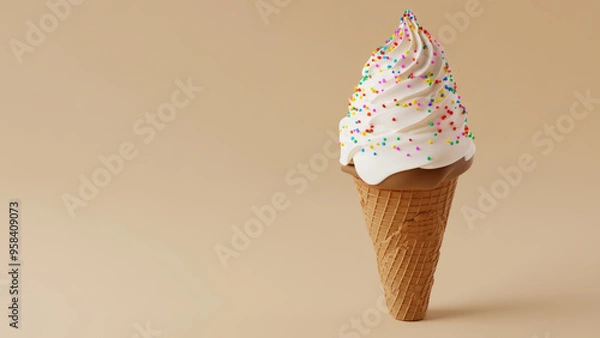 Obraz Colorful sprinkles on a swirl of vanilla and chocolate soft serve ice cream in a waffle cone.