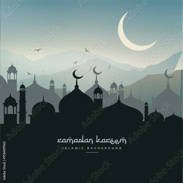 Fototapeta A serene Ramadan sunset landscape with silhouetted minarets and a warm, glowing sky, evoking a peaceful and reflective atmosphere perfect for celebrating the holy month.