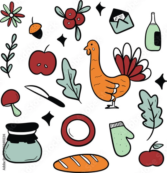 Obraz Thanksgiving doodle illustration collection set. Happy thanksgiving celebreation