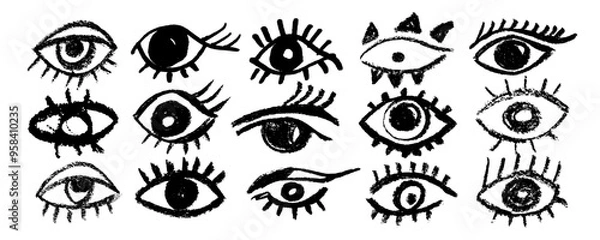 Fototapeta Set with brush stroke eyes . Hand drawn vector human parts of faces elements, various opened eyes. Black ink vision icon, hand drawn grunge ophthalmologist symbol, drawn charcoal eyes collection, 