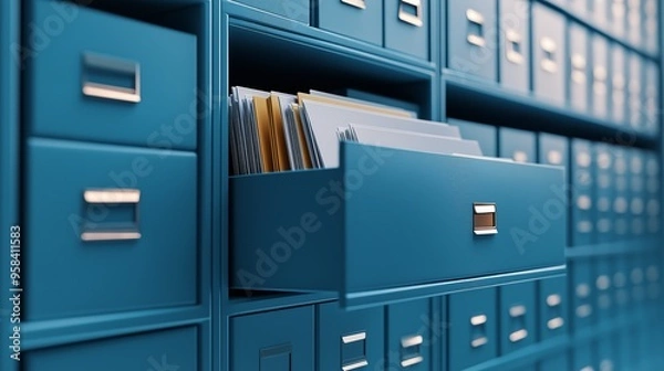 Fototapeta Open drawer of the filing cabinet, storage of documents and paper records