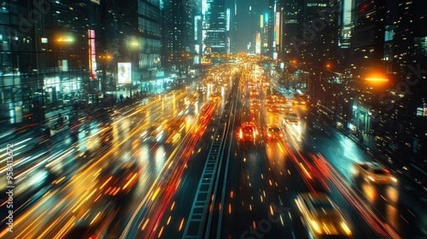 Fototapeta Dynamic city scene capturing the vibrant movement of traffic in a bustling urban environment during a rainy night.