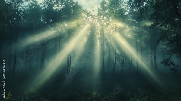 Obraz Mysterious forest with dramatic light rays piercing through the trees, creating an enchanting and tranquil atmosphere.