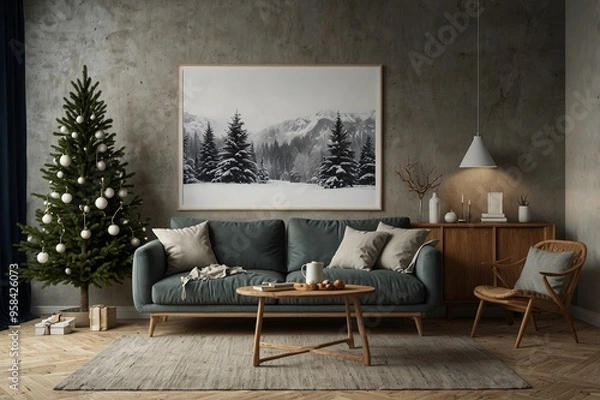 Fototapeta Mock up wall Christmas interior. Scandinavian style. Wall art