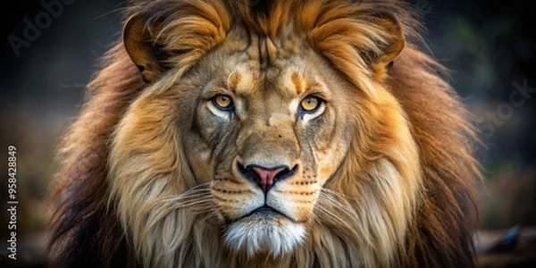 Fototapeta Close up of a majestic lion staring directly at the camera, lion, wild, animal, predator, mane, close up