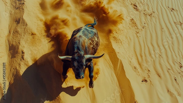 Fototapeta Wild bull running through the desert sand with dynamic motion and strong shadows