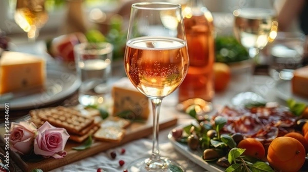 Fototapeta Autumn or fall season. wine glasses at dining table with various snacks, small trousers and cheese board in sunny living room. Glass bottle filled red pink rose, water and beer on the table.