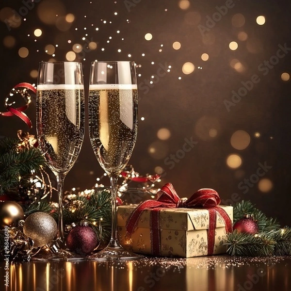 Fototapeta Two champagne glasses surrounded by Christmas decorations and gifts, AI generated image Background